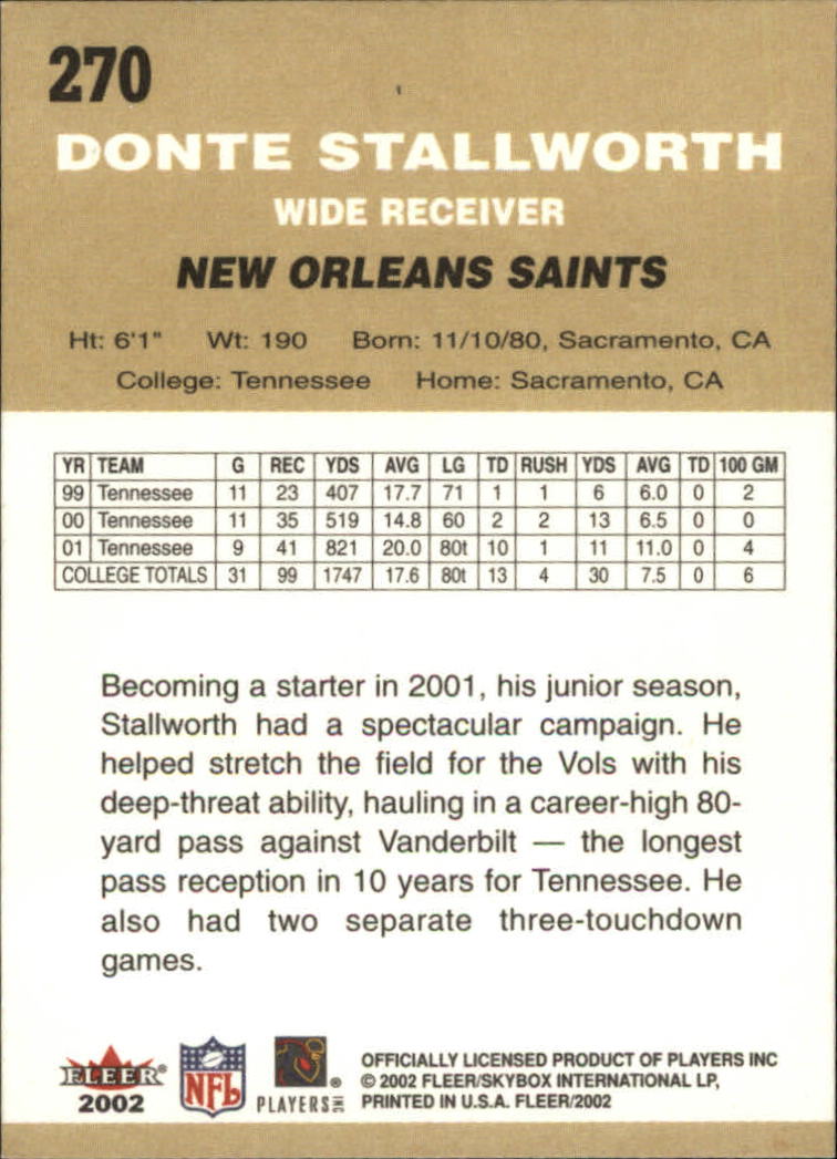 2002 Fleer Tradition #270 Donte Stallworth RC back image