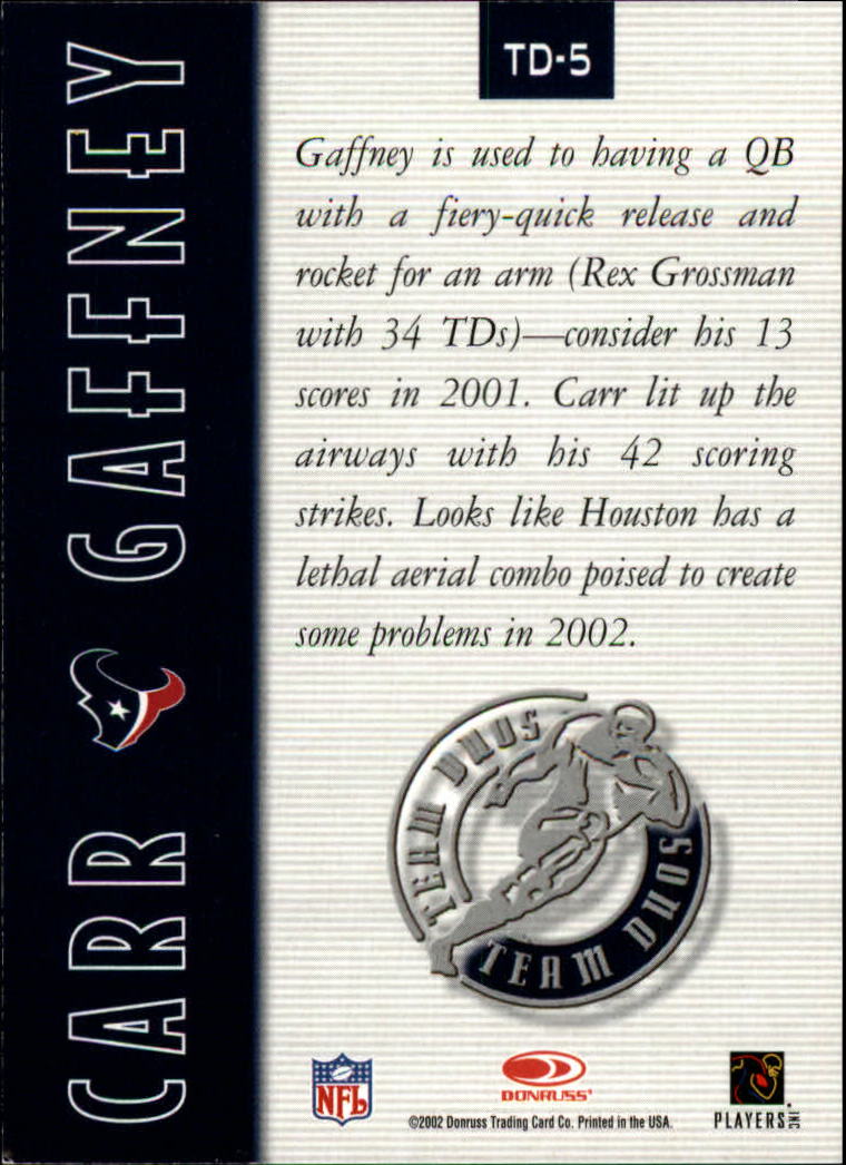2002 Gridiron Kings Team Duos #TD5 David Carr/Jabar Gaffney back image