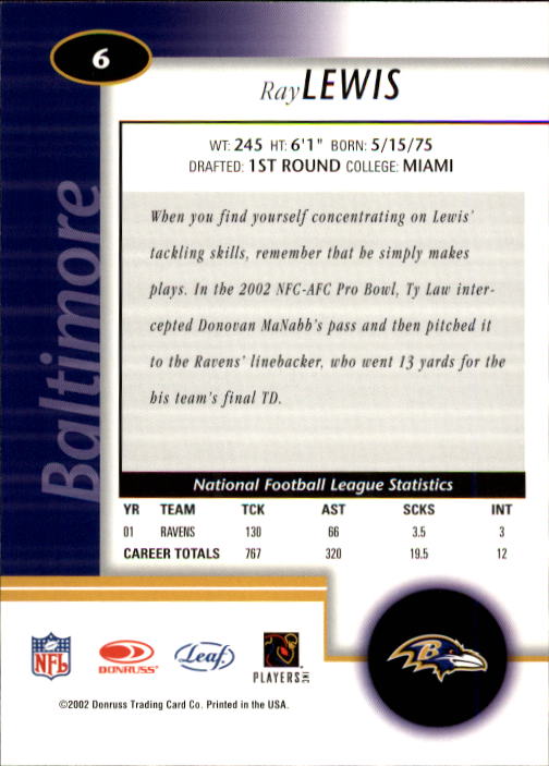 2002 Leaf Certified #6 Ray Lewis back image