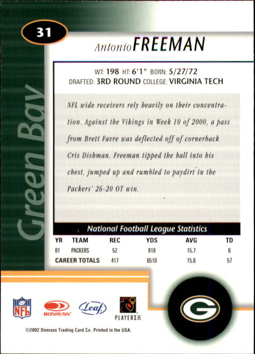 2002 Leaf Certified #31 Antonio Freeman back image