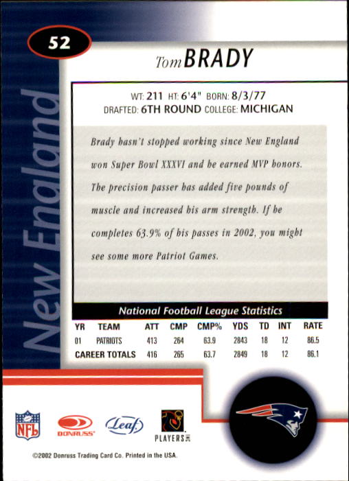 2002 Leaf Certified #52 Tom Brady back image