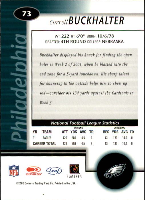 2002 Leaf Certified #73 Correll Buckhalter back image