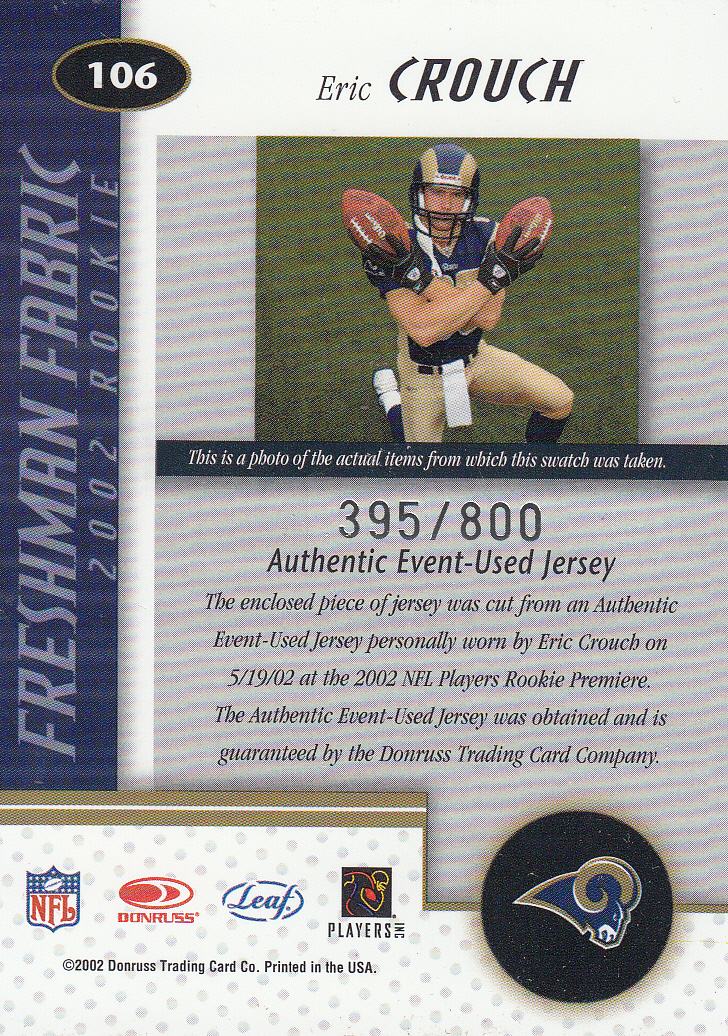 2002 Leaf Certified #106 Eric Crouch JSY RC back image