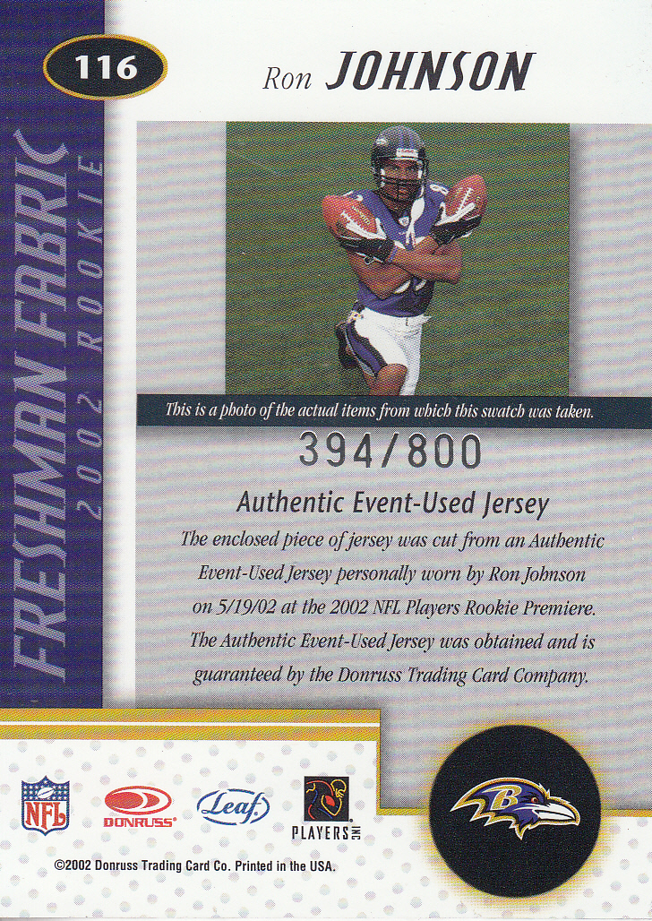 2002 Leaf Certified #116 Ron Johnson JSY RC back image