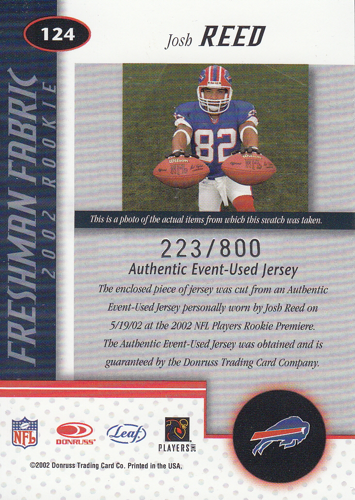 2002 Leaf Certified #124 Josh Reed JSY RC back image