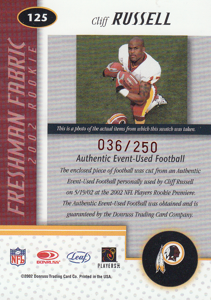 2002 Leaf Certified Mirror Red Materials #125 Cliff Russell back image