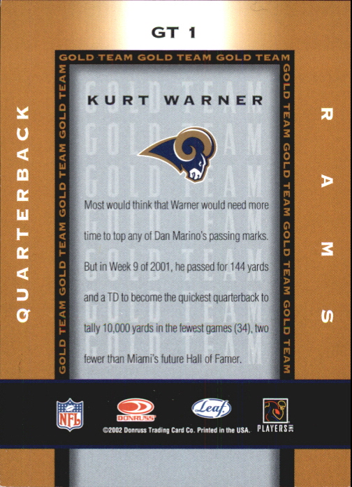 2002 Leaf Certified Gold Team #GT1 Kurt Warner back image