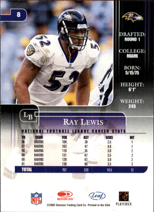 2002 Leaf Rookies and Stars #8 Ray Lewis back image