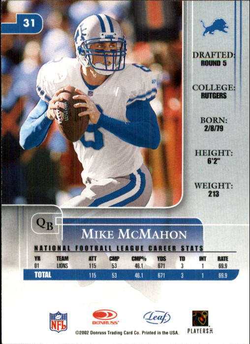 2002 Leaf Rookies and Stars #31 Mike McMahon back image