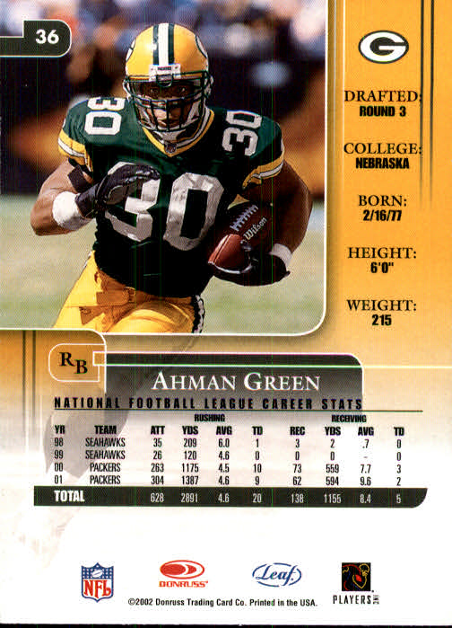 2002 Leaf Rookies and Stars #36 Ahman Green back image