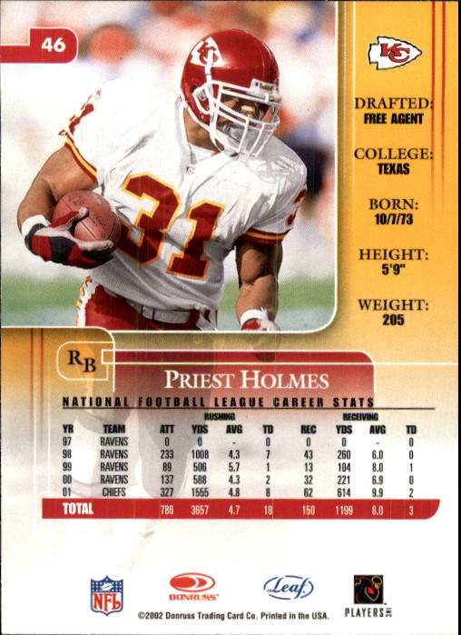 2002 Leaf Rookies and Stars #46 Priest Holmes back image