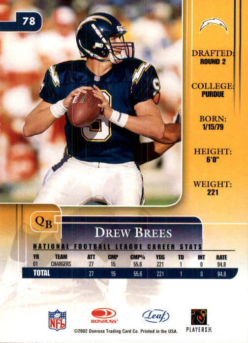 2002 Leaf Rookies and Stars #78 Drew Brees back image