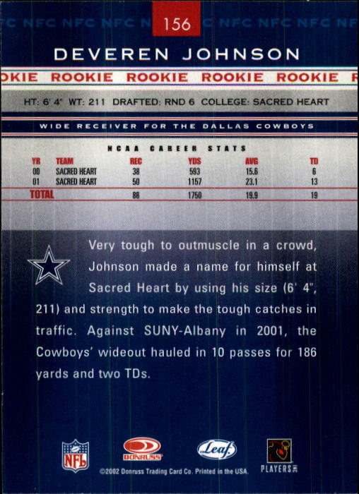2002 Leaf Rookies and Stars #156 Deveren Johnson RC back image