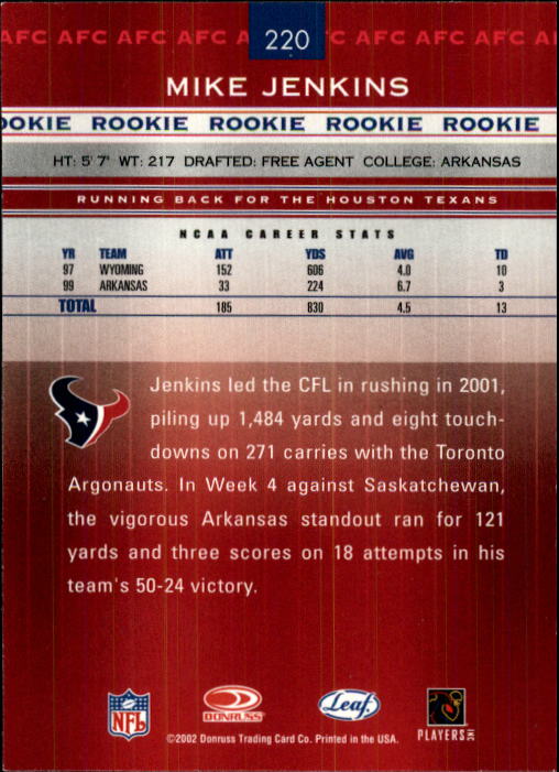 2002 Leaf Rookies and Stars #220 Mike Jenkins RC back image