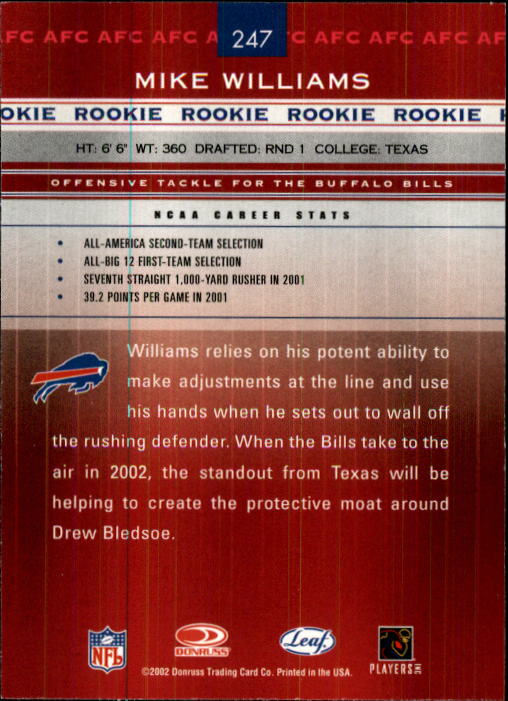 2002 Leaf Rookies and Stars #247 Mike Williams RC back image