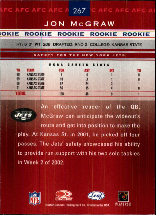 2002 Leaf Rookies and Stars #267 Jon McGraw RC back image
