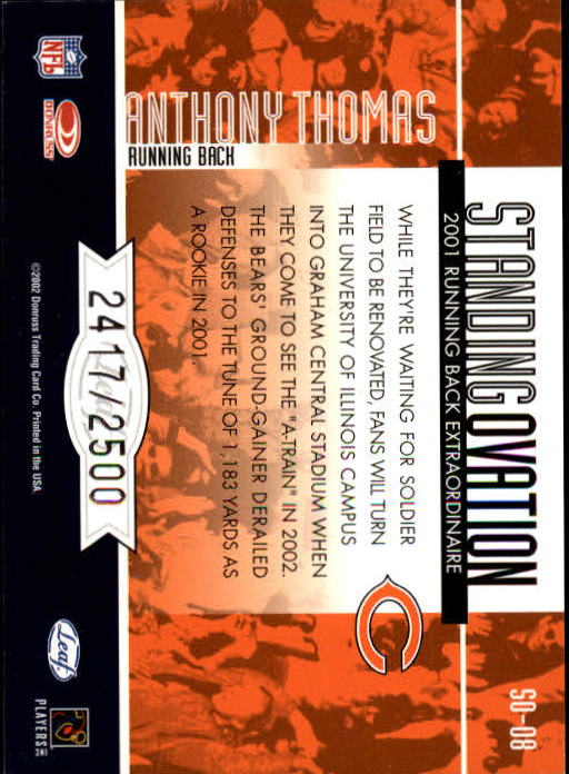 2002 Leaf Rookies and Stars Standing Ovation #SO8 Anthony Thomas back image