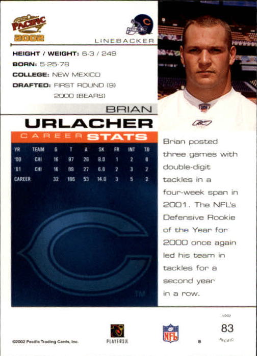 2002 Pacific #83 Brian Urlacher back image
