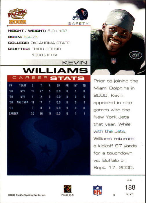 2002 Pacific #188 Kevin Williams RC back image