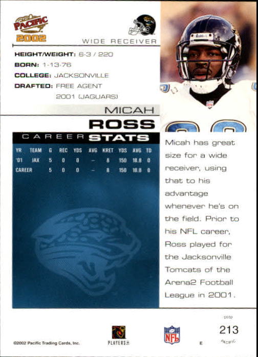 2002 Pacific #213 Micah Ross RC back image