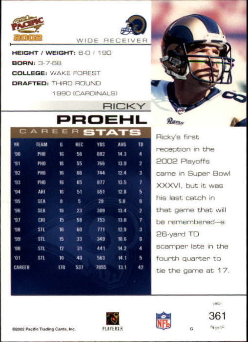 2002 Pacific #361 Ricky Proehl back image