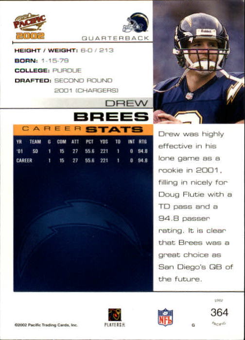 2002 Pacific #364 Drew Brees back image