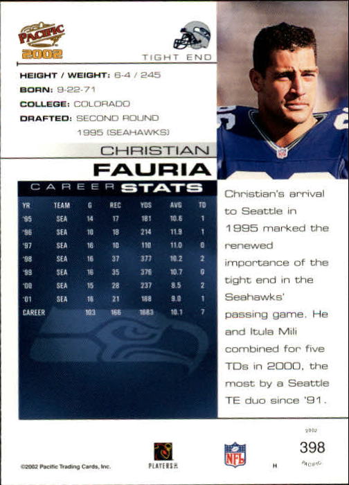 2002 Pacific #398 Christian Fauria back image