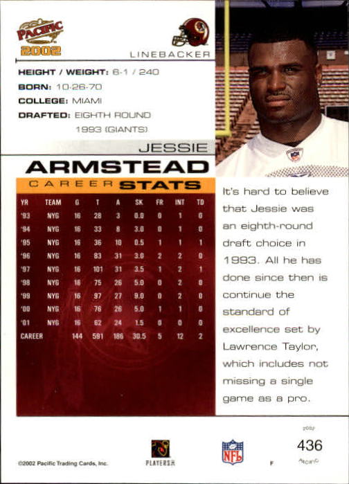 2002 Pacific #436 Jessie Armstead back image