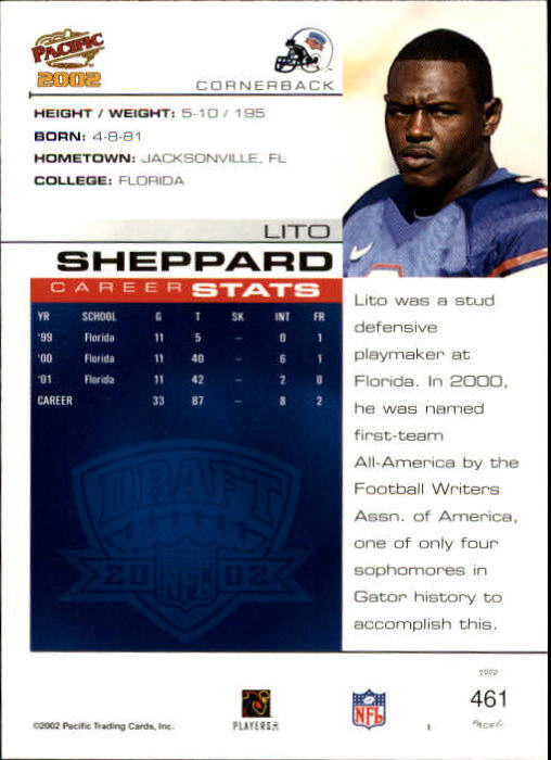 2002 Pacific #461 Lito Sheppard RC back image