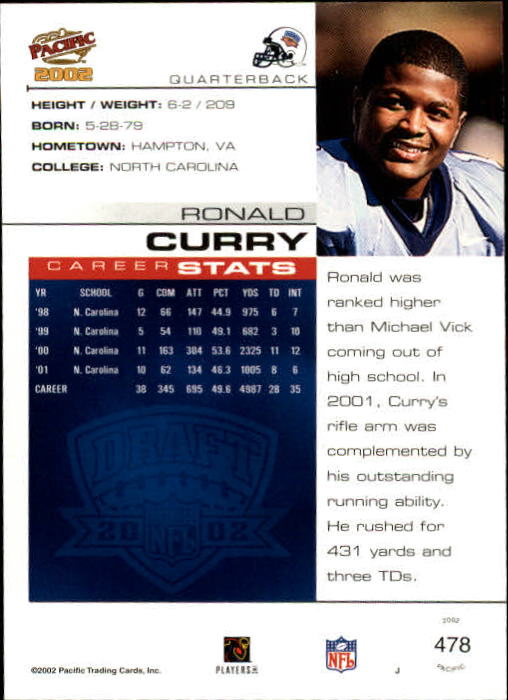 2002 Pacific #478 Ronald Curry RC back image