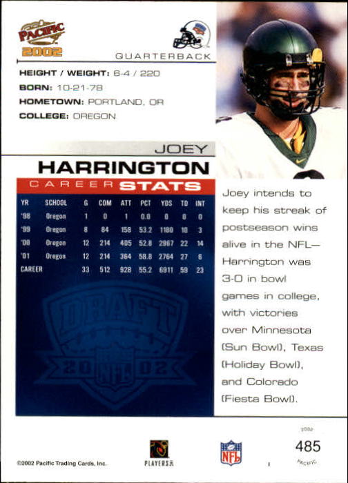 2002 Pacific #485 Joey Harrington RC back image