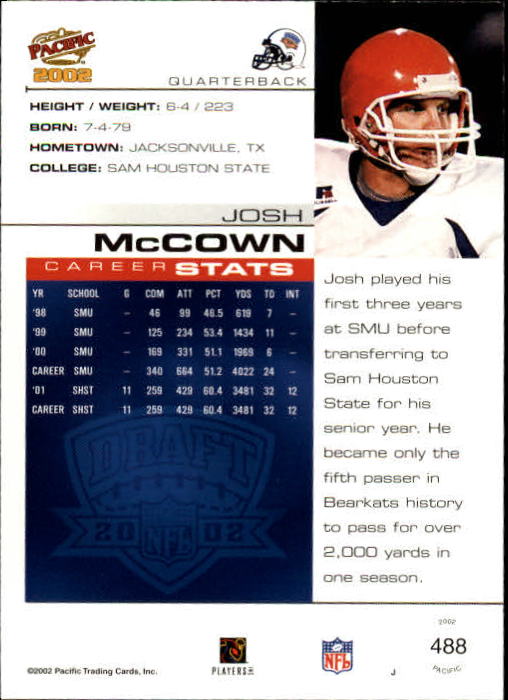 2002 Pacific #488 Josh McCown RC back image