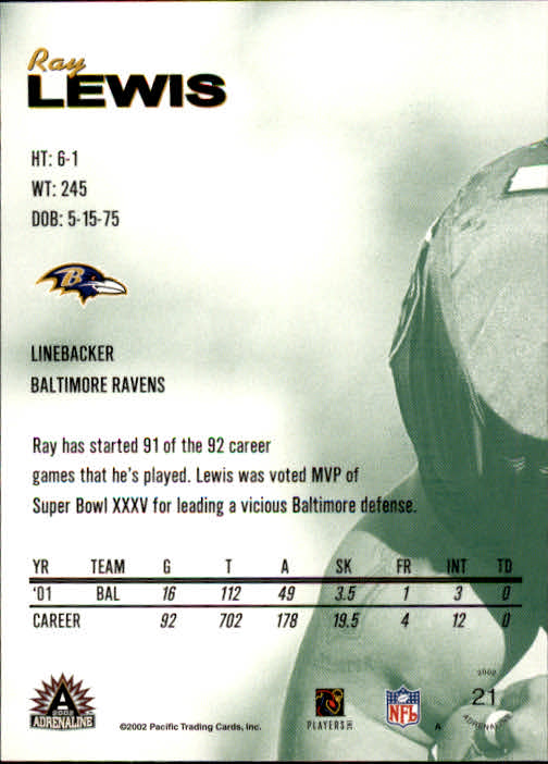 2002 Pacific Adrenaline #21 Ray Lewis back image