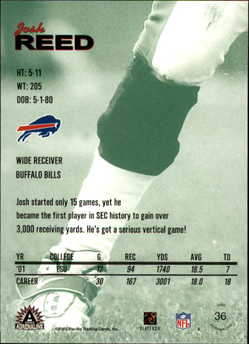 2002 Pacific Adrenaline #36 Josh Reed RC back image