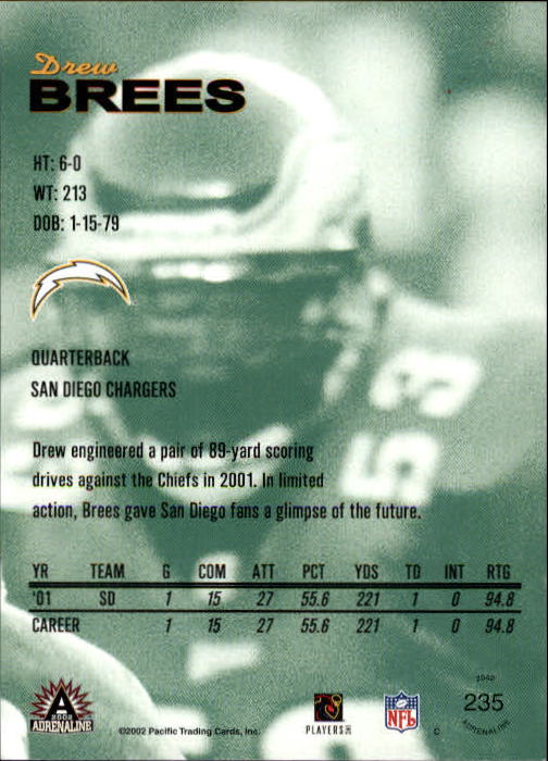 2002 Pacific Adrenaline Red #235 Drew Brees back image