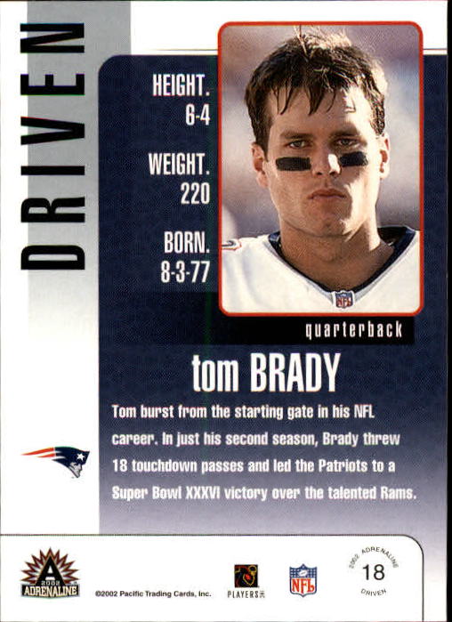 2002 Pacific Adrenaline Driven #18 Tom Brady back image