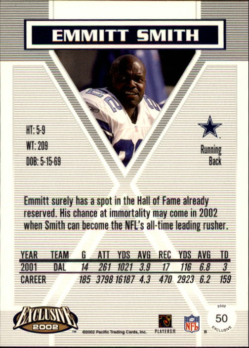 2002 Pacific Exclusive #50 Emmitt Smith back image