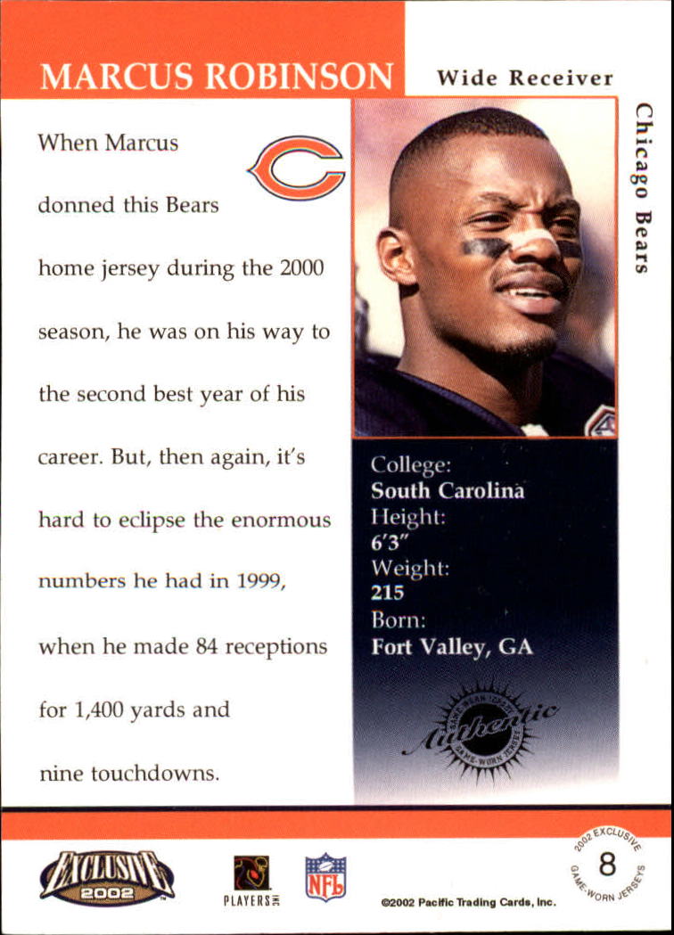 2002 Pacific Exclusive Game Worn Jerseys #8 Marcus Robinson back image