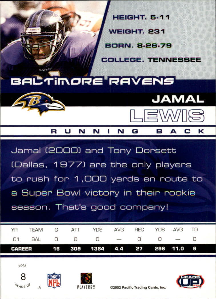 2002 Pacific Heads Up #8 Jamal Lewis back image