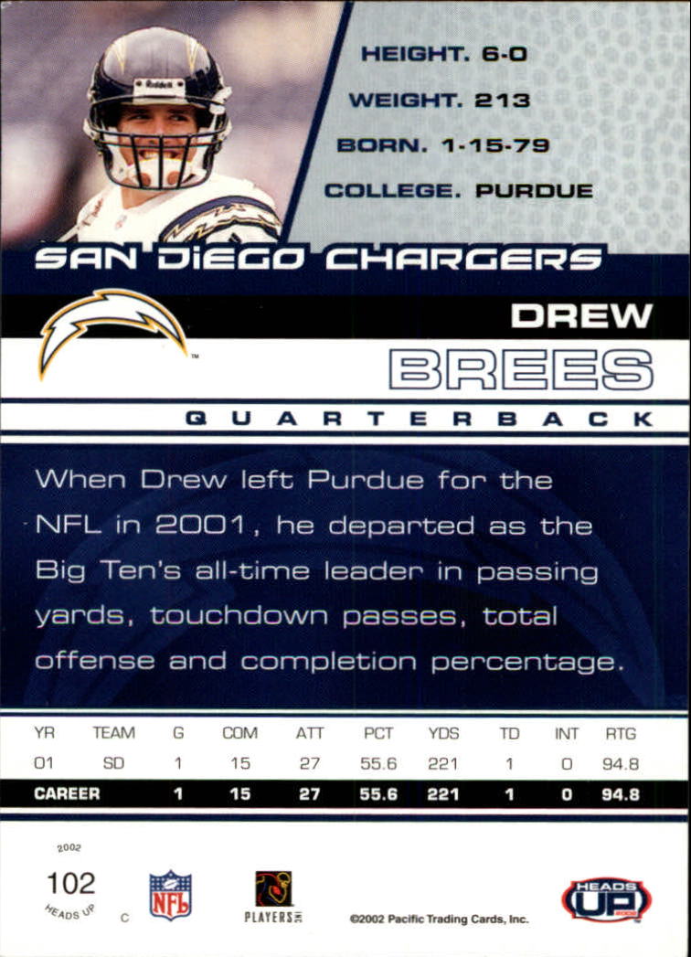2002 Pacific Heads Up #102 Drew Brees back image