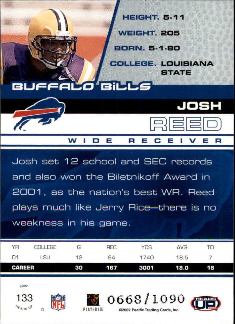 2002 Pacific Heads Up #133 Josh Reed RC back image
