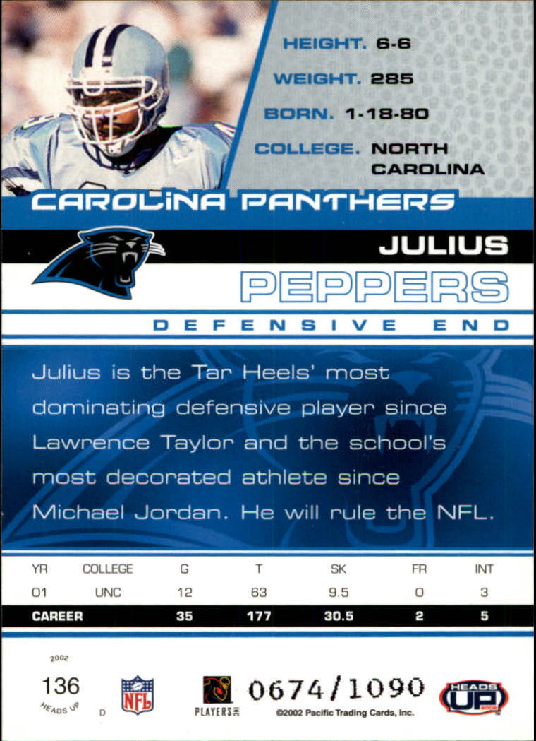 2002 Pacific Heads Up #136 Julius Peppers RC back image