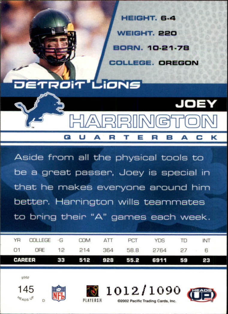 2002 Pacific Heads Up #145 Joey Harrington RC back image