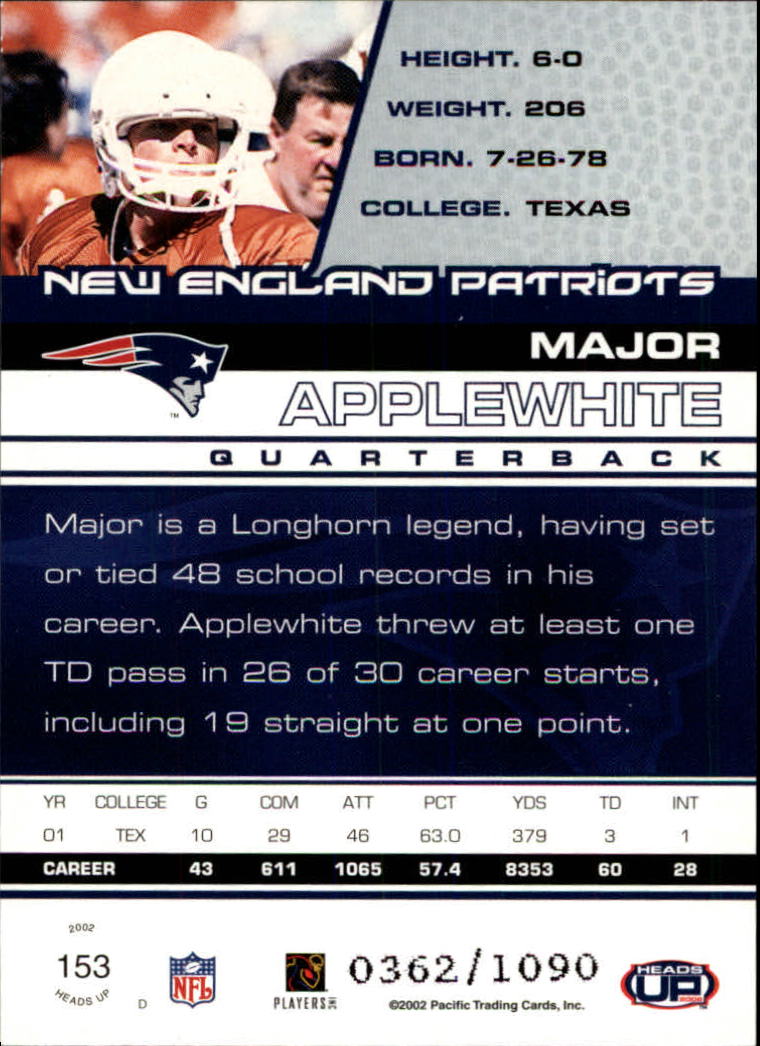 2002 Pacific Heads Up #153 Major Applewhite RC back image