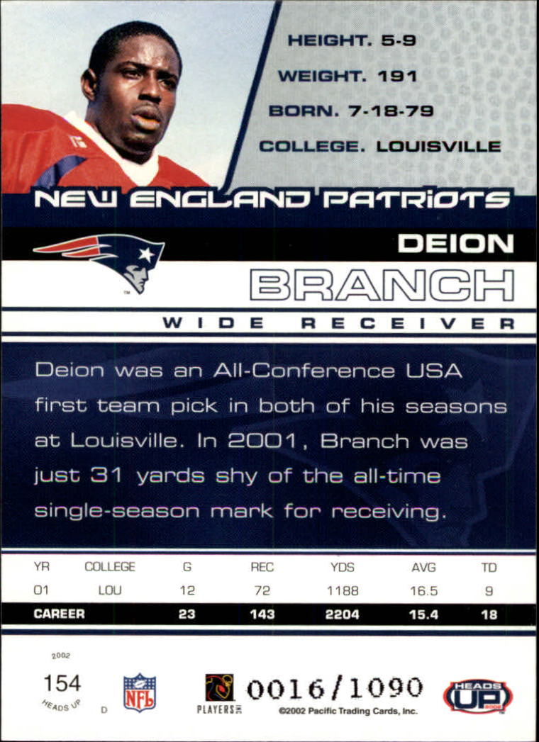 2002 Pacific Heads Up #154 Deion Branch RC back image