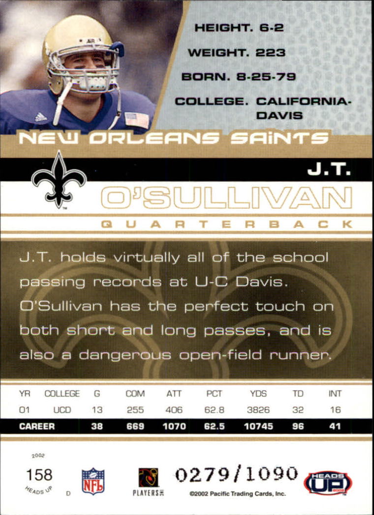 2002 Pacific Heads Up #158 J.T. O'Sullivan RC back image