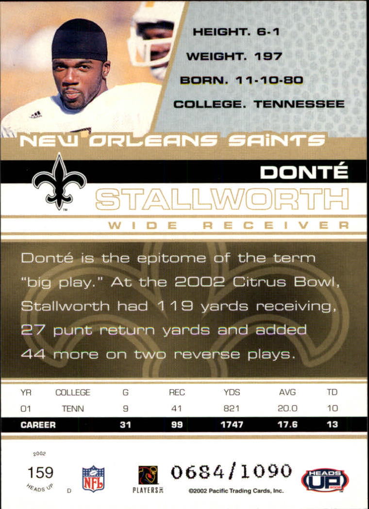 2002 Pacific Heads Up #159 Donte Stallworth RC back image