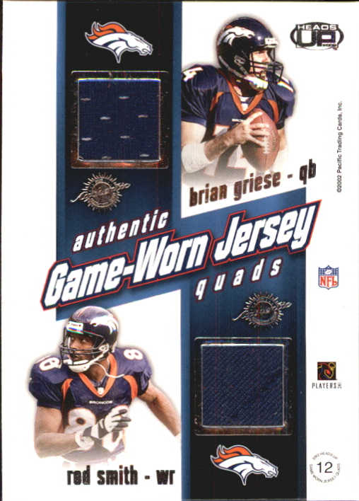 2002 Pacific Heads Up Game Worn Jersey Quads #12 Mike Anderson/Olandis Gary/Brian Griese/Rod Smith back image