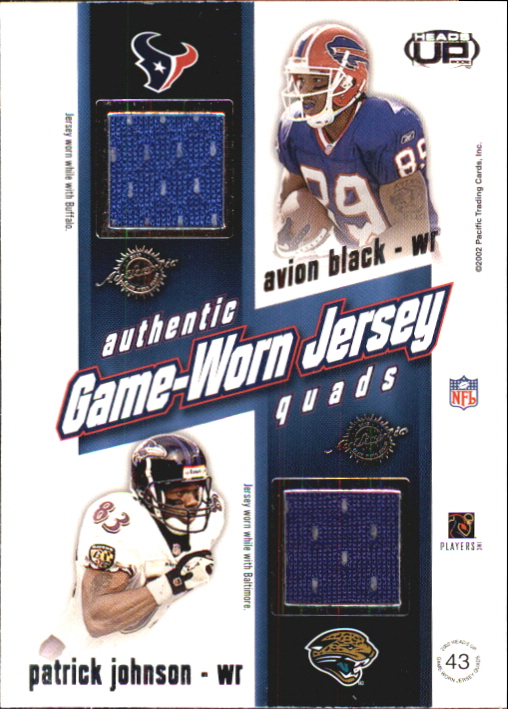 2002 Pacific Heads Up Game Worn Jersey Quads #43 Rob Moore/Quentin McCord/Avion Black/Patrick Johnson back image