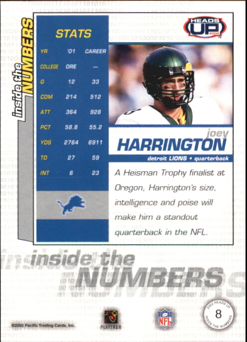 2002 Pacific Heads Up Inside the Numbers #8 Joey Harrington back image